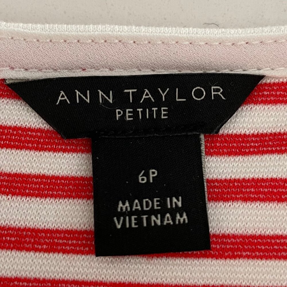 Ann Taylor Petite SS Jewel Neck Striped Midi Dress Orangey Red White Sz 6P NWOT - Picture 11 of 13
